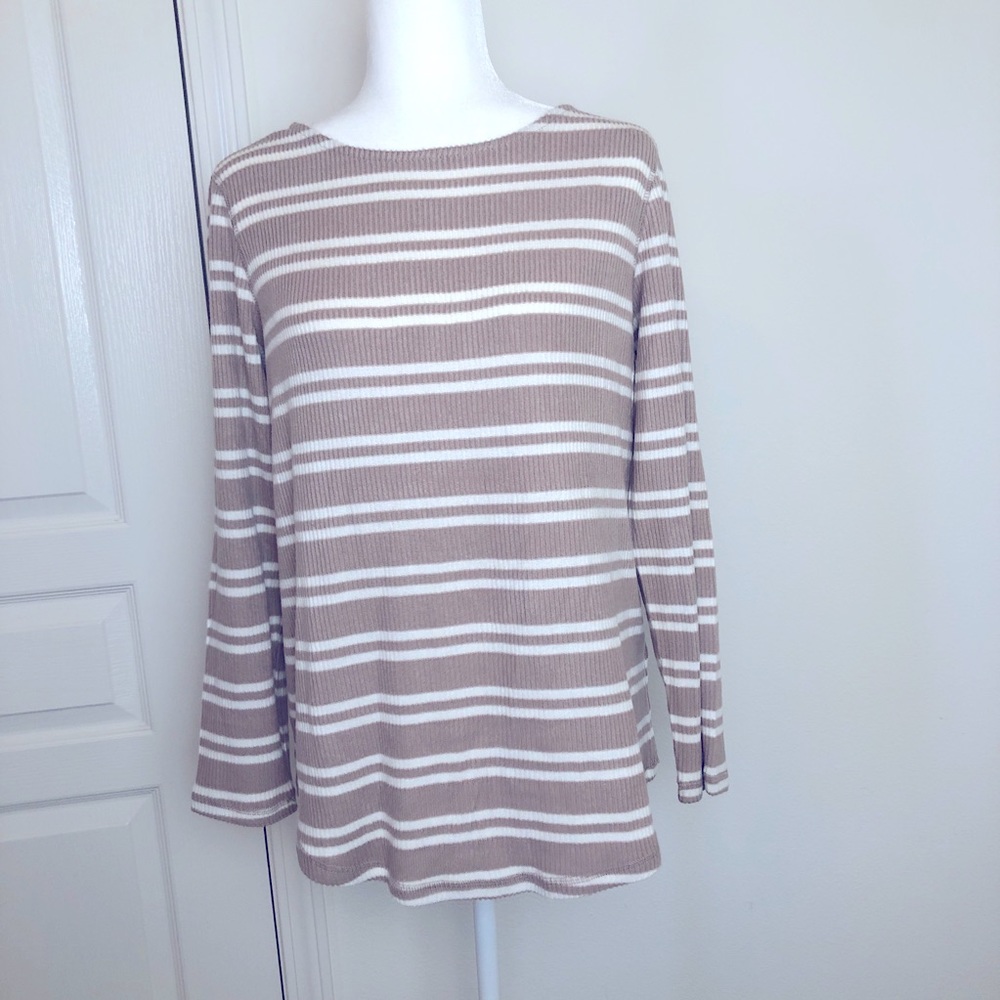 Susan Graver Ribbed lightweight Sweater in Tan/Taupe and White Stripes